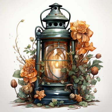 hyperrealistic ultra detailed watercolor clipart, floral fantasy lantern with a candle lit, white background, in the style of digital print, clipart, illustration, sticker, ultra high definition, rich details, 32K, HD