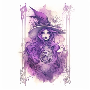 witch card , in the style of mystic mechanisms ,pencil art illustrations, Isolated white background, reimagined by industrial light and magic, lith printing, illusory images, watercolor clipart, very subtle purple tones, , ,