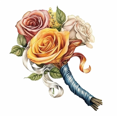 Design a dreamy watercolor clipart of a chinese-inspired hand-tied twine-wrap Bouquet of assorted autumn flowers in a cornucopia-shaped arrangement, symbolizing abundance and gratitude composition, hand-painted with soft and graceful brushstrokes. Draw inspiration from the artistic finesse of Ethereal Petals Watercolors for a refined and ethereal depiction. isolated on a white background, hand-drawn illustration, hand-painted watercolor texture, 16k UHD resolution, intricately detailed, sharp fo