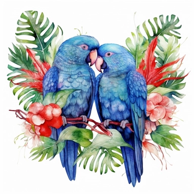 watercolor clipart, two blue Eclectus Parrots in love with tropical gardens, sweet hearts around, watercolor sublimation design, Sublimation Clipart, hyper realistic, intricate detail, illustration style, isolated on white background for removing background, Super-Resolution, Megapixel