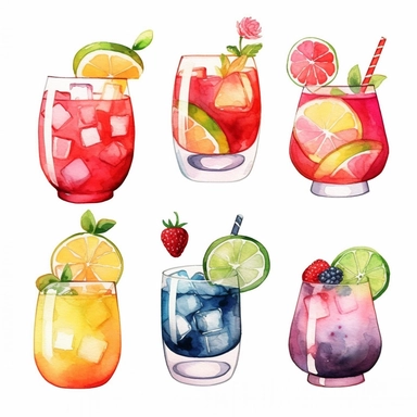 Create 4 design water color Cocktail Clipart, summer drink,wine glass,gobletWater Color Cocktail Clipart Pack, Wine glass, goblet,Alcohol drinks Clipart , Cocktail illustrations, Digital Art Collection,summer drinks, seperate clipart, isolated with white background, split diagram