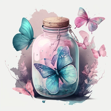 watercolor clipart of beautiful pastel blue and pink color butterflies within a transparent big old and round bottle wrapped heras, potion style