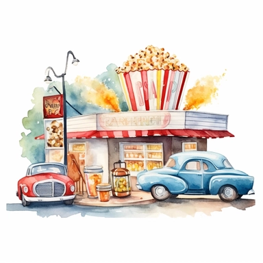 A nostalgic drive-in theater snack bar with popcorn, nachos, and soda, clipart, watercolor, white background, american style