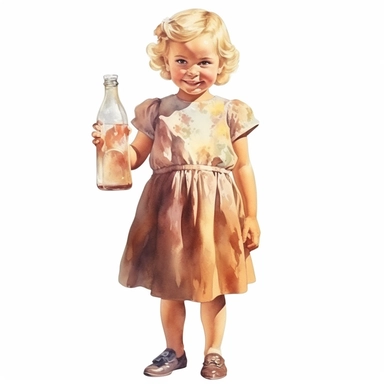 vintage adorable little girl in dress with cola bottle, full body, pastel colors, clipart style, watercolor technique, super high quality, professional watercolor clipart, high resolution