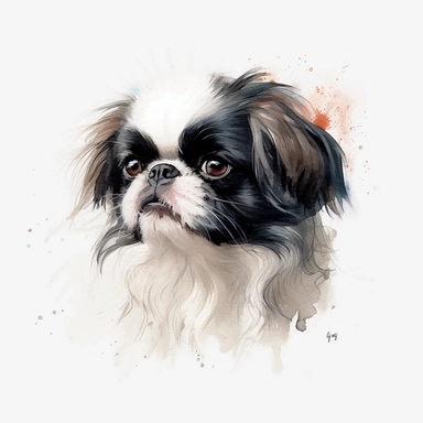 cute Japanese Chin dog portrait, full face, centered shot, side shot, dynamically posed, in action, playful mood, happy mood, playing mood, cute face, adorable smile, childlike eyes, clean watercolor illustration, white background, nursery baby imagery, painting, detailed, 8k, PNG, clipart,