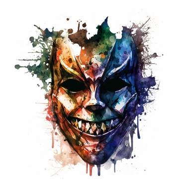 scary halloween mask watercolour tempera clipart illustration, vivid dark colours, clean, crisp, smooth, white background