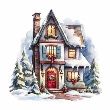Cute Christmas Santa house watercolor clipart