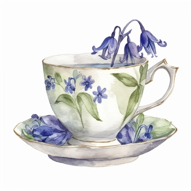 tea, bluebells, watercolour, pretty, floral, clipart