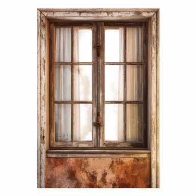 old brown window, vintage, clear, view from inside the house, white background, clipart