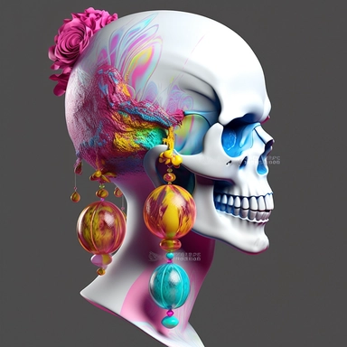 fantasy imagery sublimation colorful design of a female skull wearing long earrings 3d render clipart no words no fonts no letters