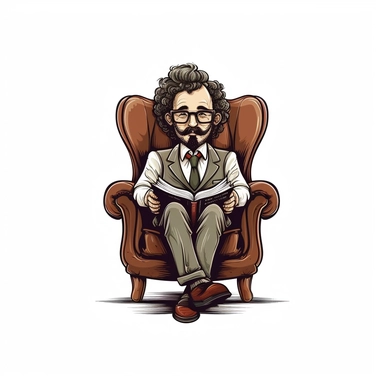 curly man in glasses and a tie on an armchair with a book simple clipart