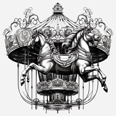 A mesmerizing steampunk carousel adorned with ornate decorations and mechanical horses ,Steampunk, black and white color obly, black ink, transparent background png, clipart no captions