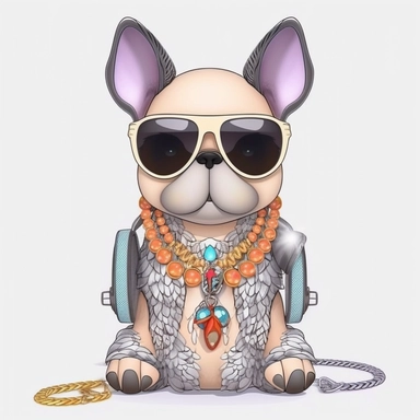 funny kawaii French Bulldog Puppy with Balenciaga sunglasses and cool necklaces,cute illustration, clipart, white backgound, Cuttable Design,full body French Bulldog head using light neutral muted colors, feathers, boho style background, watercolor drawing, incorporating elements like feathers, dreamcatchers, or floral patterns, UHD