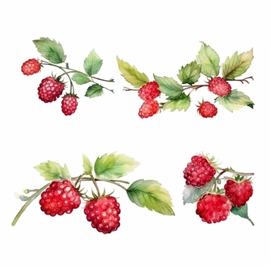 watercolor A clip art 4 set of images featuring raspberry jam flowers garland isolated white background, minimalist, 8K