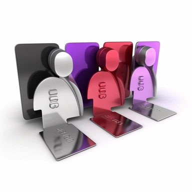 3d model of group of metallic user icon, card with information of user, black+red+silver+purple, clipart, white background