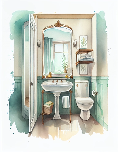 detailed watercolor bathroom, realistic, isolated on white background, clipart