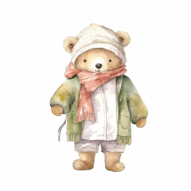 a Cute Happy Bear in clothing in the style of Watercolor Kate Greenaway Clipart, White Background
