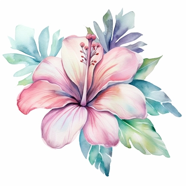 pastel boho watercolor hawaiian tropical flower clipart, in the style of light magenta and light emerald,