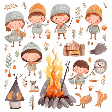 cute kawaii set of 70s retro seamless isolated clipart with hippie boys, dream catcher, watercolor, bonfire, boy and girl sitting by the fire and roasting sausages on a stick