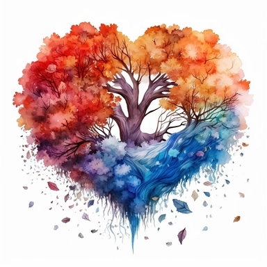 the watercolor painting of the heart of love, in the style of fluid color combinations, hyper-detailed illustrations, colorful woodcarvings, realism with fantasy elements, magewave, vibrant color palette, perfect heart shape, tree, pretty, white background, clipart