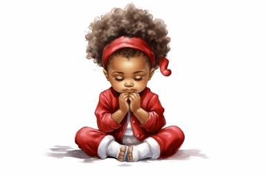 Watercolor happy cute beautiful brown skin african American baby girl praying wearing baby red and white christmas pajamas, christmas tree in the background, detailed clipart, isolated, spaced out--q 2