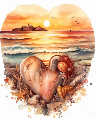 Retro Heart Beach Sunset Watercolor Clipart, A heart with a picture of the seashore in its center with the setting sun, the heart has clear features and borders, and on its lower borders are some sand, a seashell, a sea star and a few stones on the edge of the heart from the bottom, Watercolor, highly detailed, white background 8k