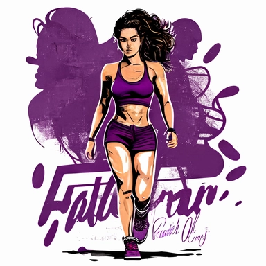 clipart full body of fitness woman in 30's wearing purple workout top and shorts walking toward camera, dynamic pose –-no text fonts letters watermark words typography slogans signature