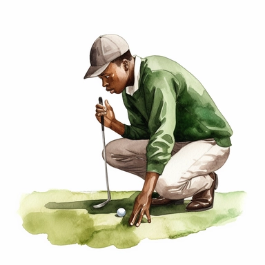 Idyllic watercolor clipart of a young modern African american golfer in close fitting sports golf clothes putting the golf ball into the hole on the putting green, isolated on a pure white background, insane detail,