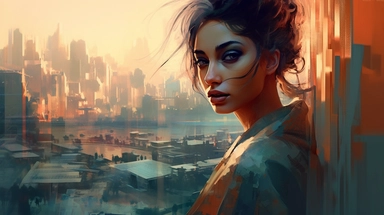 beautiful stunning pretty vintage, futuristic bladerunner style young woman, paint art style, clipart, city landscape background, superrealistic, one of a kind