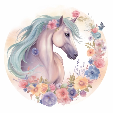 A horse clipart design for girls with a soft and girly color palette of pastel colors like pink, purple and blue to create a dreamy atmosphere. The horse itself is majestic and has a long flowing tail and mane that move in the wind. Flowers and butterflies surround the horse and give the design a romantic touch