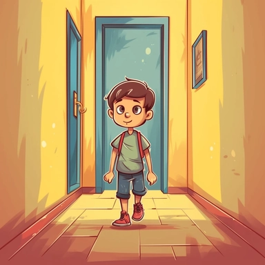 draw a little boy Walking quietly in the hallwayswith solid background cartoon vector clipart in the style , flat and simple and roundy illustration for little kids