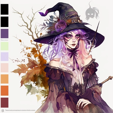 Clipart, beautifull witch in a watercolor, in the style of artgerm, soft and dreamy tones of pastel colors, detailed costumes and fashion, sheet film, uhd image, free brushwork, transparent/translucent medium, Nita Engle, Anne Kullberg, Yee Chong, Larissa Ria Loomans, charming character illustrations, white solid background