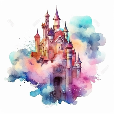 castle on clouds clipart, watercolor technique, 8k detailed digital art, bright, colorful, soft lightning, sharp clear focus, detailed, sharp, on a white background