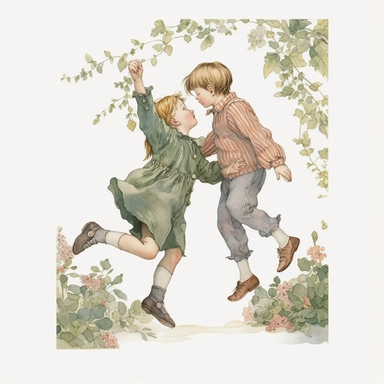 high detail 8k a boy falling love with a girl clipart by Elsa Beskow..2.0