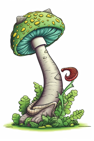 illustration of a mushroom with a green cap and a spiky stem, with a snake coiled around it , clipart style of coloring book for children, super simple, thick, clear, lines, black and white, white background
