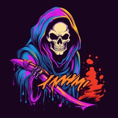 Comic book Grim reaper , shirt design , anime style grim reaper , kwaii grim reaper ,Cute Reaper , simple drawing , kwaii reaper design , logo , PFP , kwaii clip art reaper , Unique shirt design , cartoon style reaper , colourful anime background