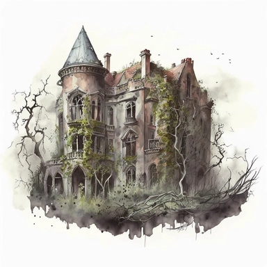 highly detailed and intricate watercolor of large, gothic mansion in a state of decay and neglect. The house is set against a gloomy, stormy sky. Overgrown vines climb up its crumbling stone walls. Clipart, white background