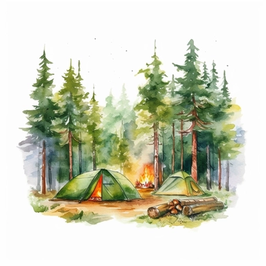 camping scene in forest watercolor style clipart on white background with margins