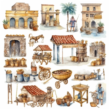 Watercolor roman bazaar with roman people shopping , illustrations clipart set, simple, , cartoon elements, different variants , iron elements, marble elements, separate elements with a margin