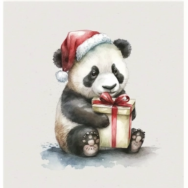 Cute and Happy Panda wearing a Santa hat and holding a Christmas present, Clipart. watercolor style, white background