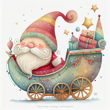 A watercolor painting cute Santa Claus, Father Christmas, sitting in his sleigh with presents in the back of his sleigh, cute detailed digital art, inspired by nicoletta ceccoli, by Kubisi art, whimsical and cute, by nicoletta ceccoli, cute detailed artwork, glimmering, adorable and whimsical, whimsical art, Clipart style, png style, svg style, blank white background, a solid white background