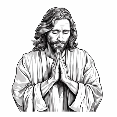 Jesus Christ, Cartoon Line art, praying, clipart style, solid white background