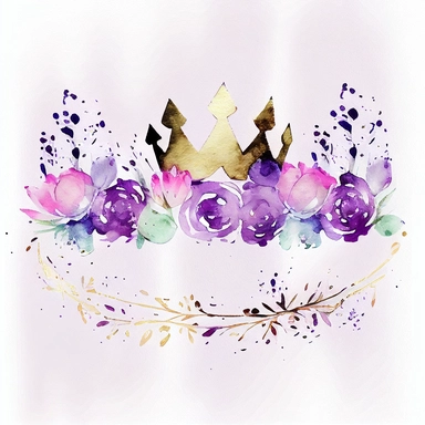 line of purple and lilac watercolor flowers with a simple clipart princess crown on top, watercolor gold, pink, purple, white background
