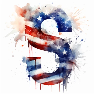Flag Typography: Combine the American flag elements with typography to create visually interesting and impactful designs, letter S, Experiment with different fonts, sizes, and arrangements to convey patriotic messages or famous quotes, delicate detail, watercolor, in the style of artgerm, 2d game art, quadratura, clipart, on white background,