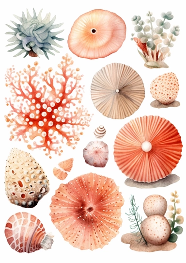 high quality high detail watercolor cottagecore vibrant corals summer vibes ocean underwater brick-orange in colour white bumps sea urchins clipart beautiful sea shells –no text