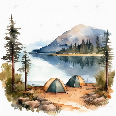 watercolor clipart of mountain, lake scenery with camping tents along the bank