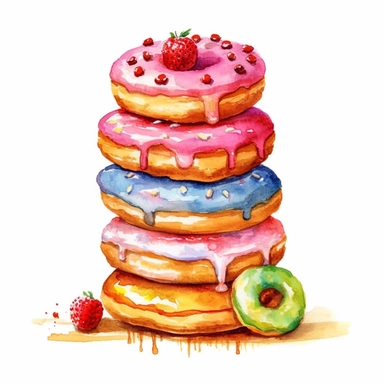 a tempting watercolor painting of a stack of donuts with different flavors and toppings, showcasing their delicious textures and vibrant colors, 8k, HD, watercolor clipart, With white background for removing, no text on image
