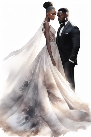 amazing detailed watercolor clipart of a beautiful black woman bride with a beautifully detailed couture dress and a long veil and a handsome black groom, solid white background, cinematic light lighting, hyper-detailed, 8k, high resolution, symmetrical, bodyshot photograph, insanely detailed and intricate, beautiful, elegant, watercolor, cinematic