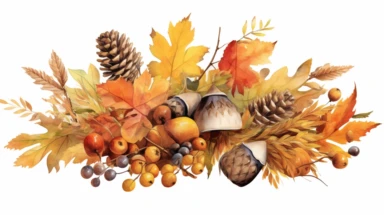 Watercolor fall illustration. Autumn leaves, sunflower bouquet, maple leaf, rowan berries, oak leaf, acorn, mushrooms arragement. Thanksgiving clipart