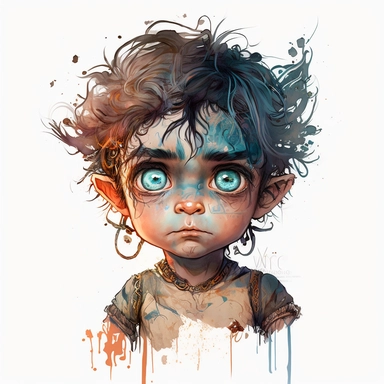 boho little BOY, big eyes, as Disney’s character hades, very detailed and realistic, watercolor, half body , white background with margins, clipart style,